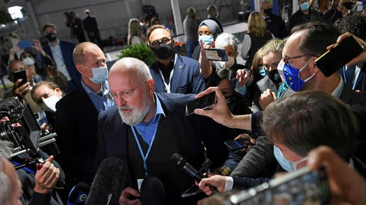 European Commission Vice President Frans Timmermans speaks to reporters at the COP27 Climate Summit.