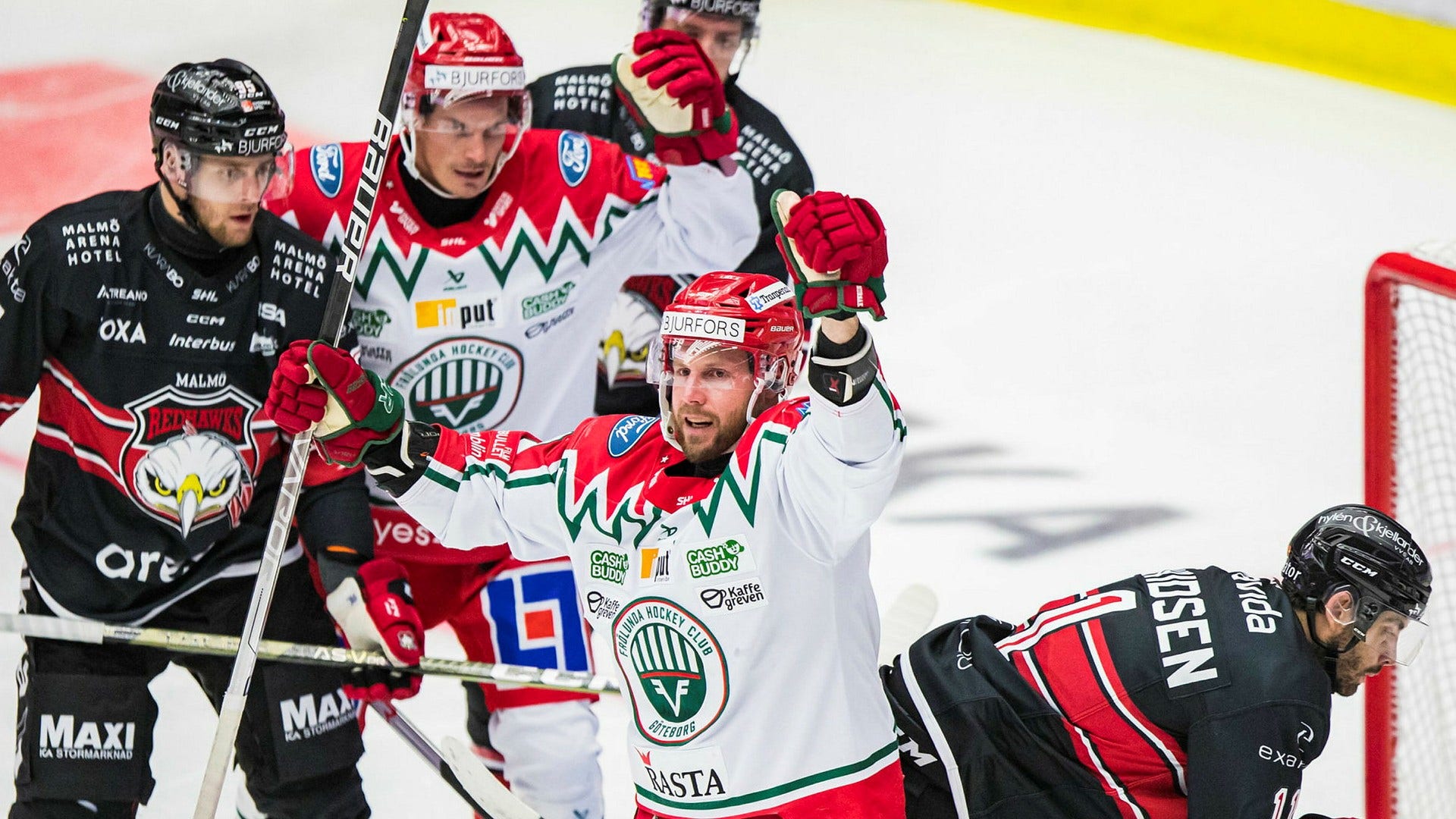 Frölundas Jan Mursak jublar efter sitt 1–1-mål.