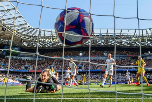 Kosovare Asllani scores 1-0 on England in the 2019 World Cup bronze medal match which Sweden won 2-1.