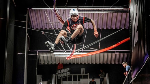 Oliwer Magnusson practices online tricks, landing in a foam pit, in Åre.  Archive image.