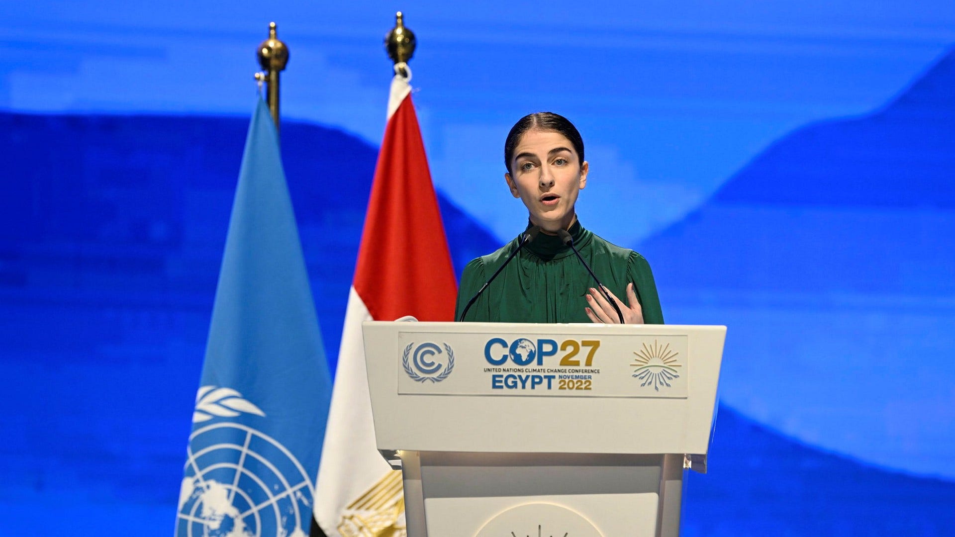 Klimat- och miljöminister Romina Pourmokhtari talar på COP 27 i Sharm El-Sheikh.