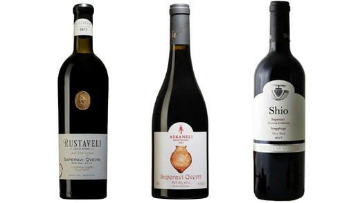 Rustaveli Qvevri, Askaneli Brothers Saperavi Qvevri och Shio Saperavi Nouveau Unfiltered Dry Red.