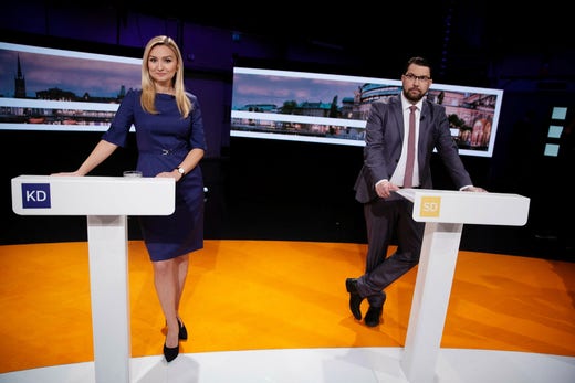 Ebba Busch (KD) och Jimmie Åkesson (SD) i SVT:s partiledardebatt i maj i år.