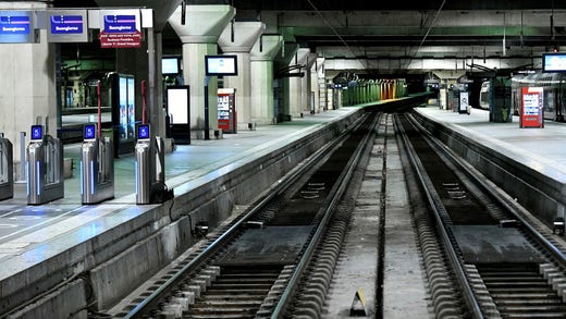 The platforms at the Montparnasse train station in Paris were deserted on Thursday.  Most trains have been canceled or severely delayed.