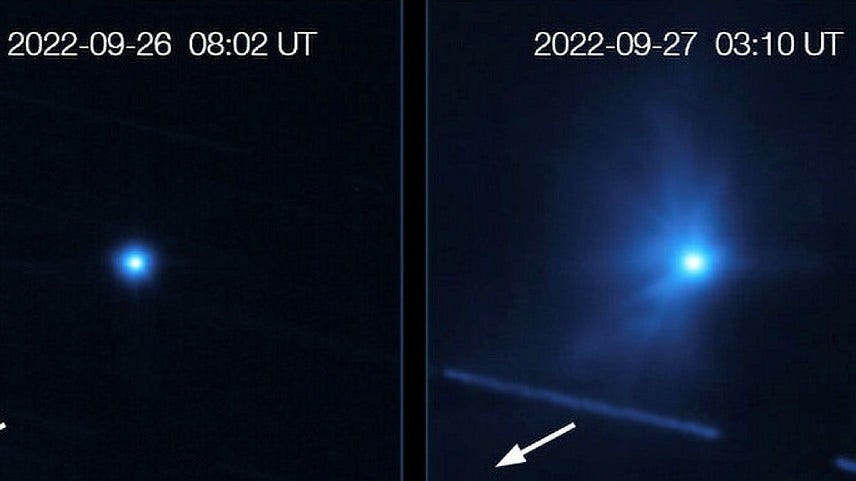 Två bilder av Dimorphos tagna av ESO:s Very Large Telescope. Till vänster före kollisionen med rymdsonden Dart, till höger strax efter. På den högra syns det stoftmoln som kastades ut från asteroiden på grund av kraschen tydligt.