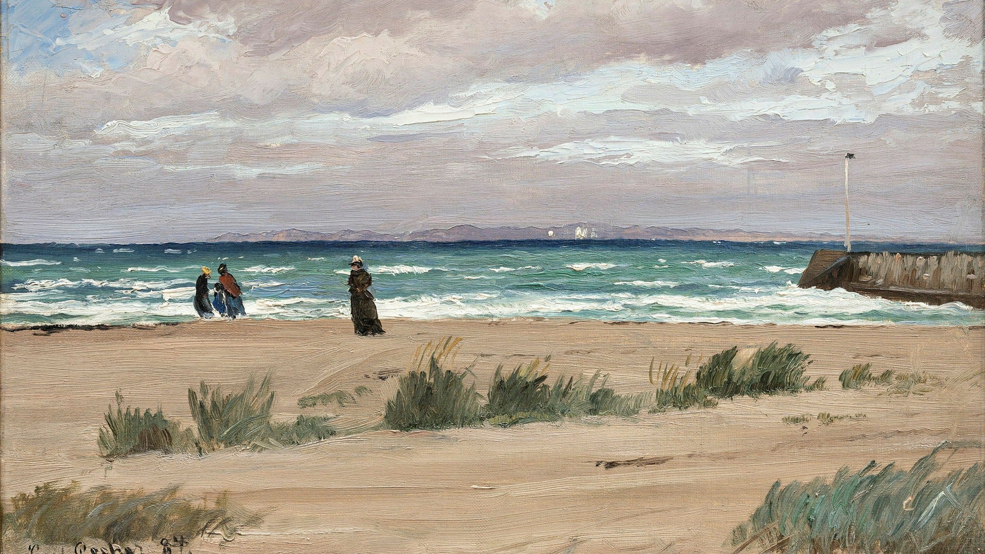 Carl Locher, ”Parti fra Hornbæk strand med mørkklædte figurer”, 1887.