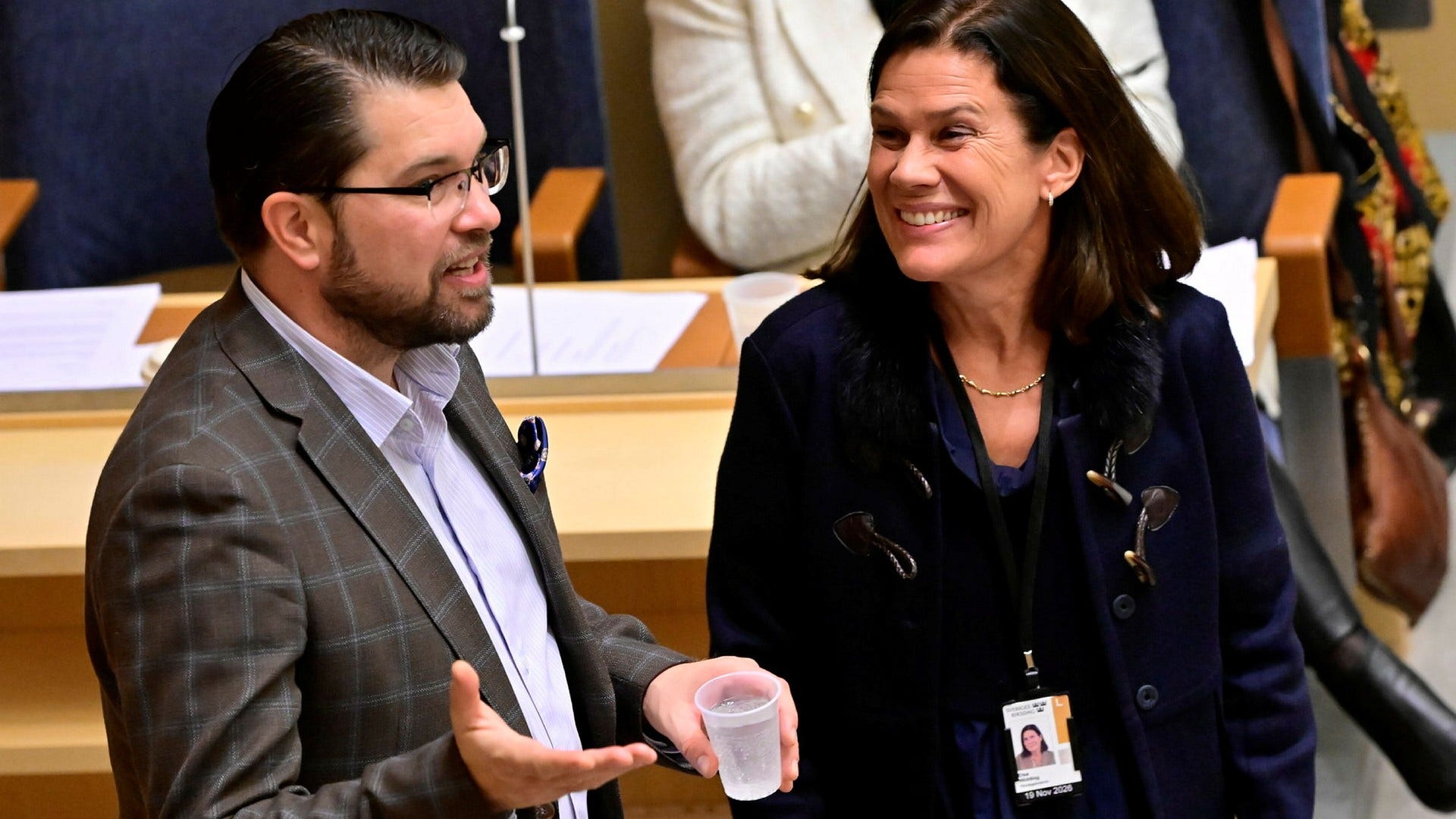 Sverigedemokraternas partiledare Jimmie Åkesson och riksdagsledamoten Elsa Widding.