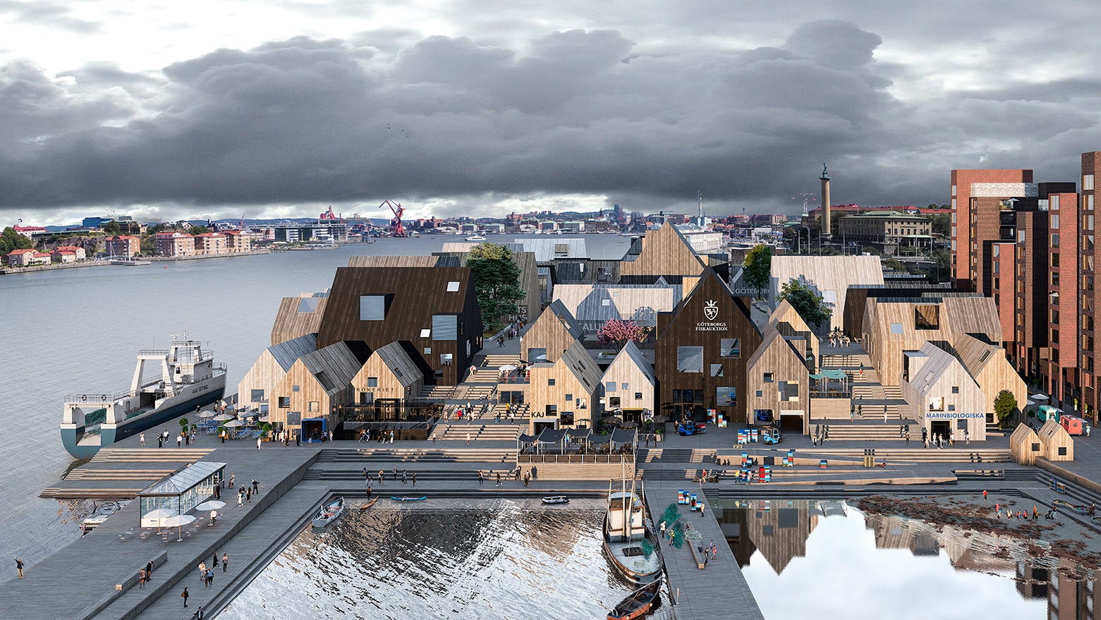 Förslaget på hur Göteborgs fiskhamn skulle kunna se ut har ritats av Wingårdhs arkitektkontor, på uppdrag av Göteborgs fiskhamn.