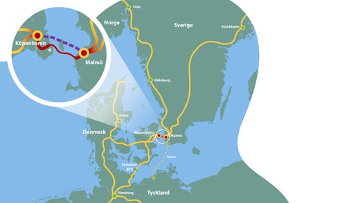 En karta över hur linjerna är tänkta att gå mellan de södra delarna av Sverige och Danmark, för att därifrån resa vidare i Europa.