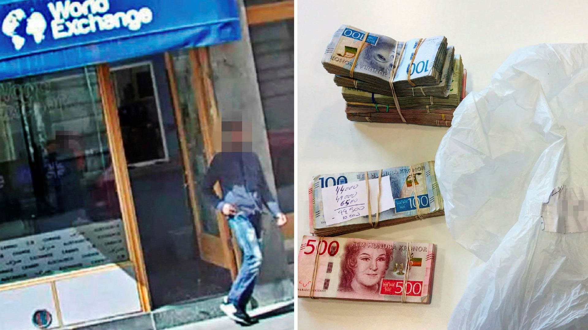 Flera växlingskontor som fått Finansinspektionens tillstånd kan kopplas till kriminalitet. En 18-årig gängmedlem filmas när han lämnar World Exchange AB i Stockholm. På bilden till höger syns några av de många pengasäckar som beslagtogs av polisen.