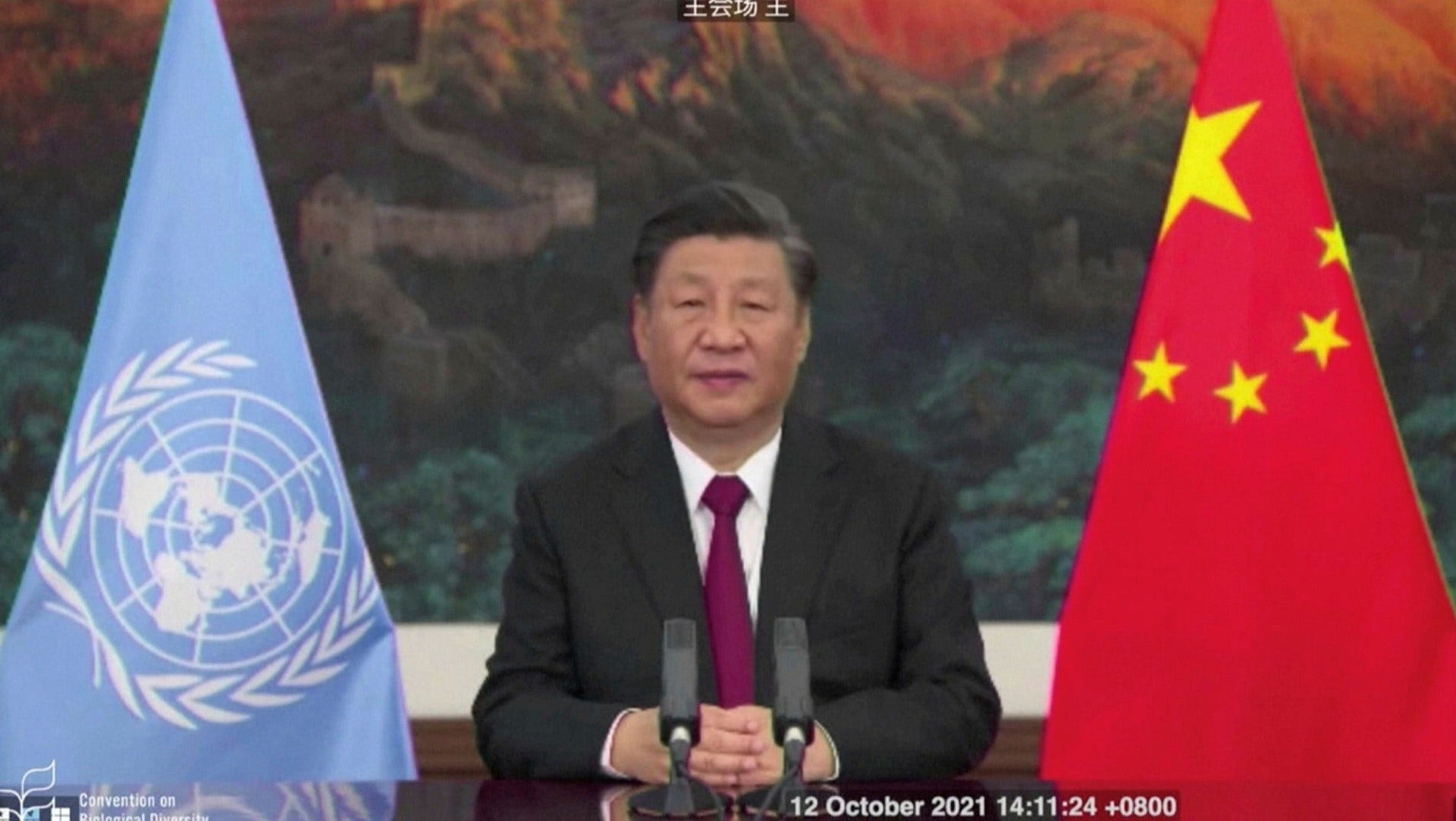 Kinas president Xi Jinping talar vid FN-mötet om biologisk mångfald. Kina tog över som värdland efter Egypten i och med att mötet COP-15 inleddes i måndags.