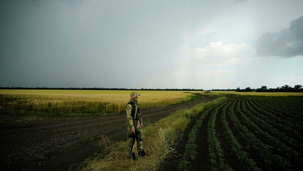 Un soldato russo fa la guardia a un campo di grano nei territori occupati a Zaporizhia, in Ucraina.
