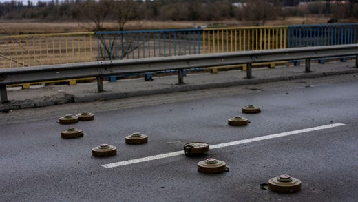 Mines on a bridge in Butja on the outskirts of Kiev last April, when the Russians invaded from the north.