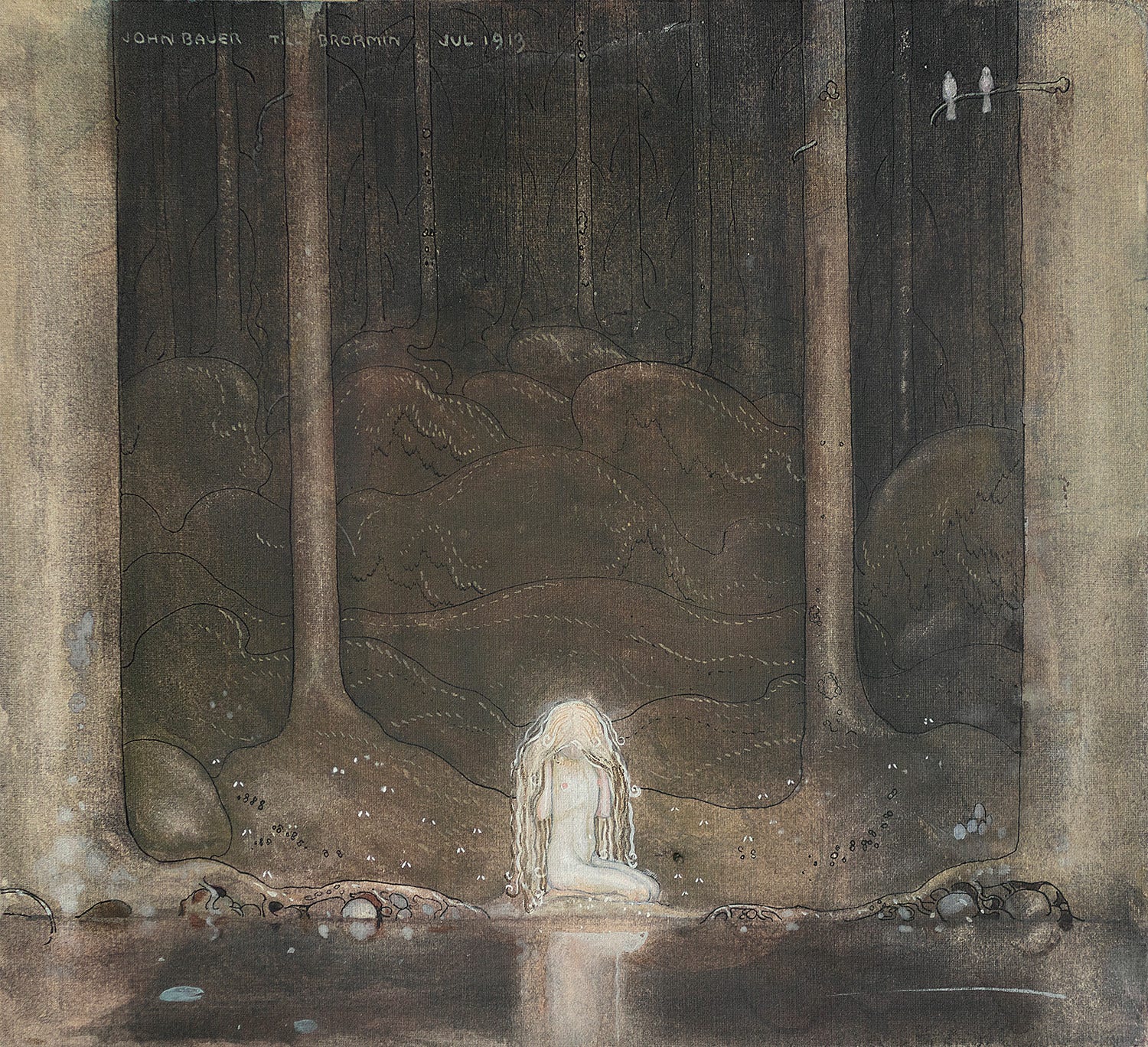 John Bauer, ”Ännu sitter Tuvstarr och ser undrande ner i vattnet”, akvarell 1913.