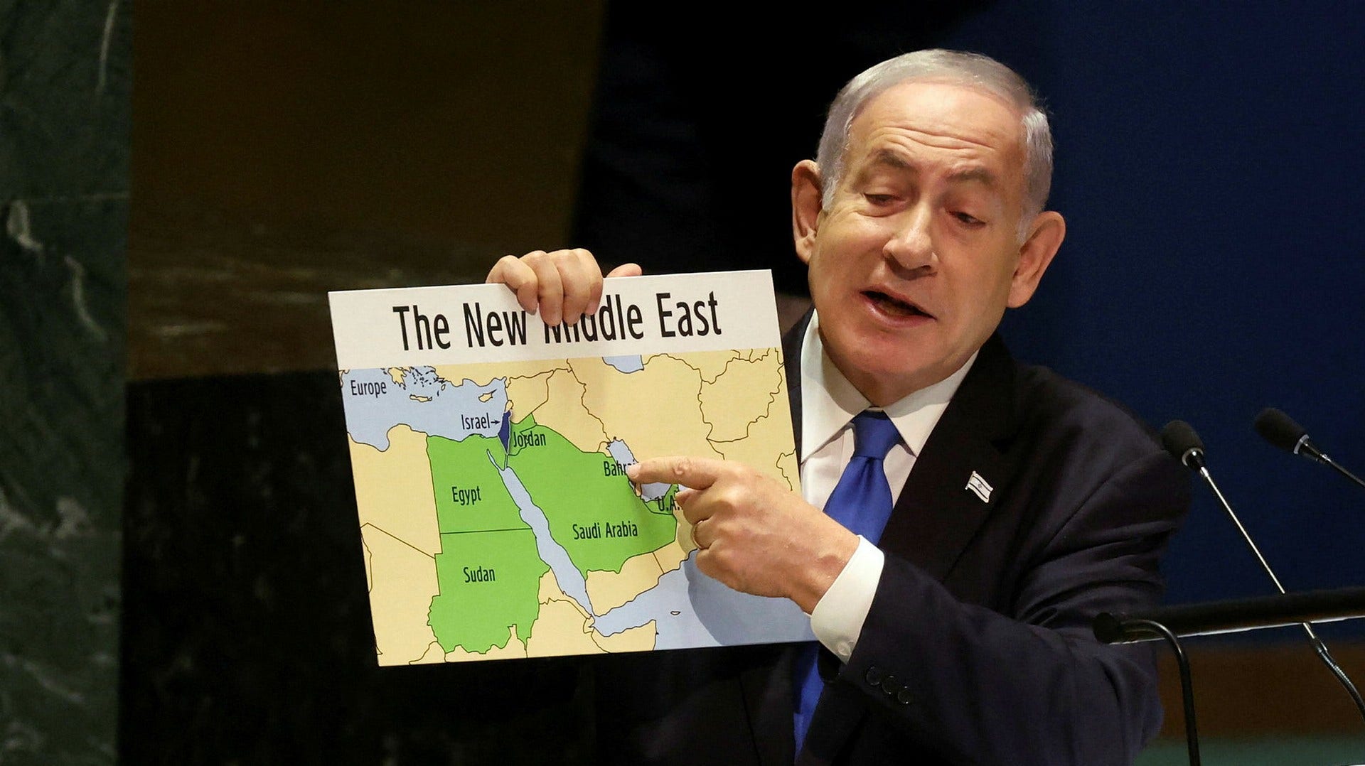 Benjamin Netanyahu tog fram en karta över ”det nya Mellanöstern” under sitt tal till FN:s generalförsamling i veckan.