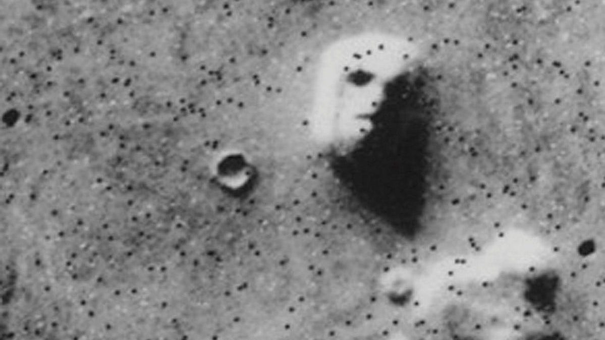 The face of Mars - which is actually a rock formation seen from above - is perhaps the most famous image.  The image was taken in May 1976 by the space probe Viking 1. Since then, the Martian face has appeared in both books and movies.