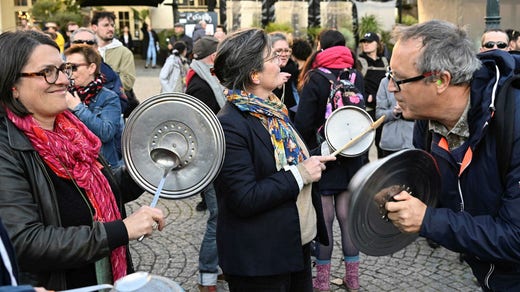 As Macron addressed the nation on Monday, opponents of pension reform protested by banging pots and pans.  Since then, some local conservatives have begun to impose bans on 