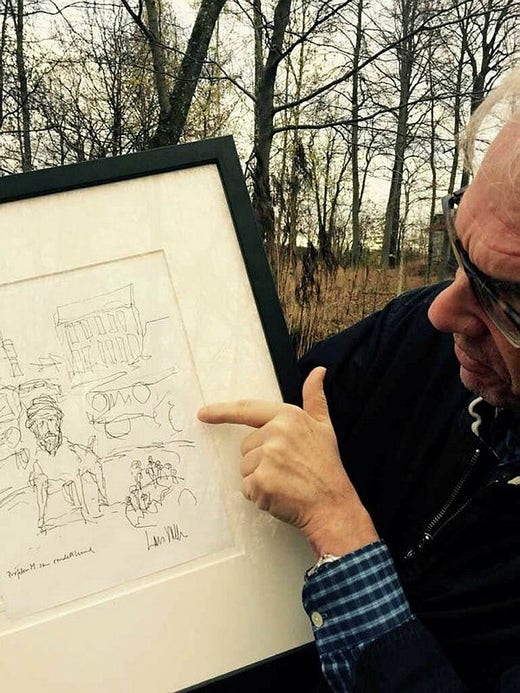 Lars Vilks med teckningen ”Profeten M. som rondellhund”.