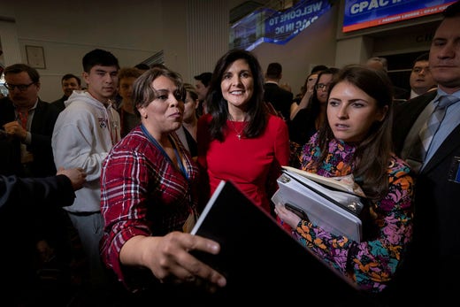 Republikanska presidentkandidaten Nikki Haley på ett konservativt möte i Oxon Hill i Maryland den 3 mars i år.