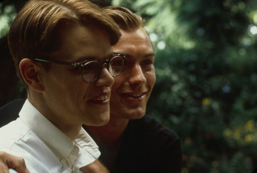Matt Damon och Jude Law i 1999 års filmatisering av ”The talented mr Ripley” .