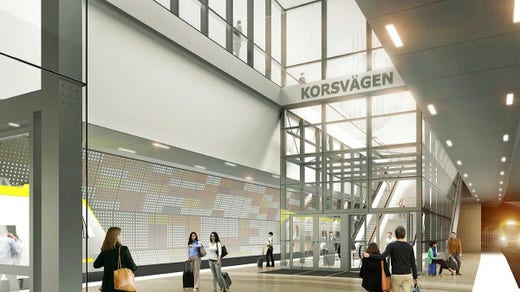 En tidig visionsbild över hur stationen vid Korsvägen skulle kunna komma att te sig.
