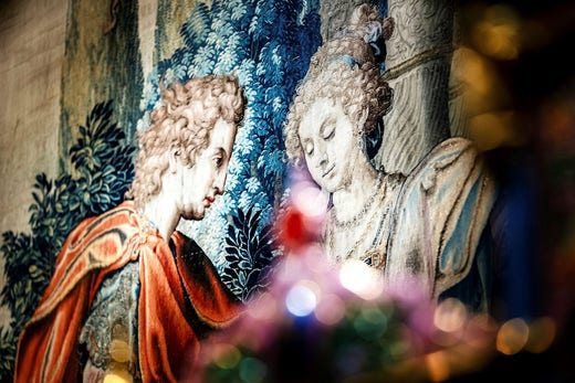 Heros och Leanders första möte, ur en serie med sex vävda tapeter, 1630-talet. Tapeterna, ursprungligen vävda för Charles I av England, var en bröllopsgåva från riksmarskalken Johan Oxenstierna till Karl X Gustav och Hedvig Eleonora 1654.