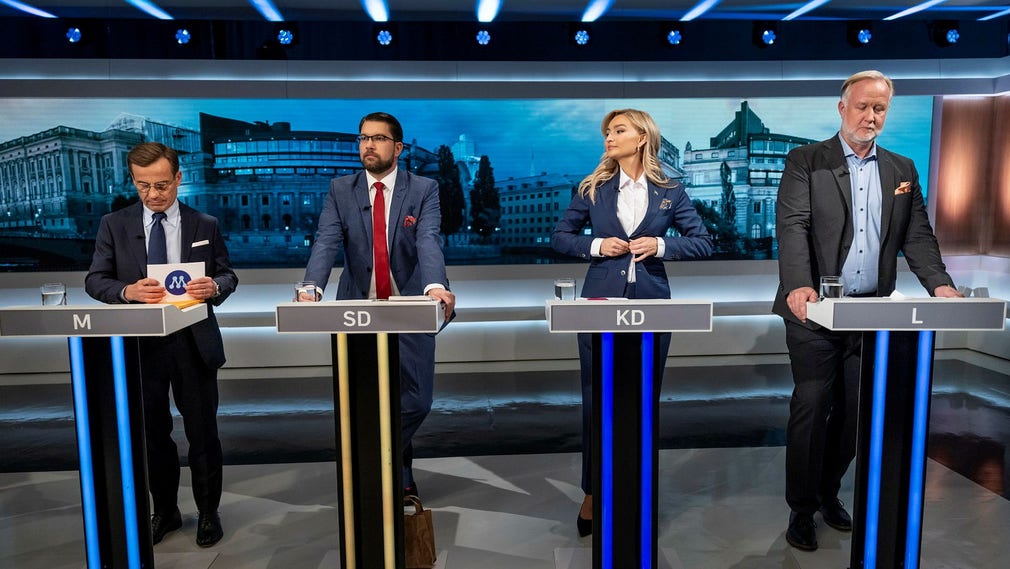Slutdebatt mellan partiledarena på SVT. Ulf Kristersson (M), Jimmie Åkesson (SD), Ebba Busch (KD), Johan Pehrson (L).