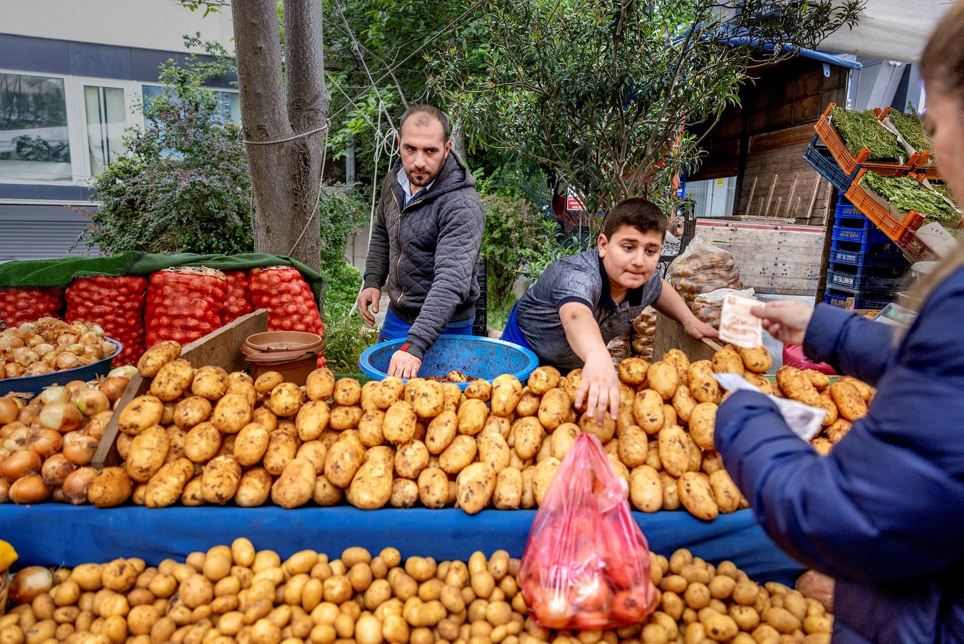 Handlaren Ridvan Tacar och hans son Enes säljer lök och potatis till allt högre priser, men förtjänsterna krymper ändå.
