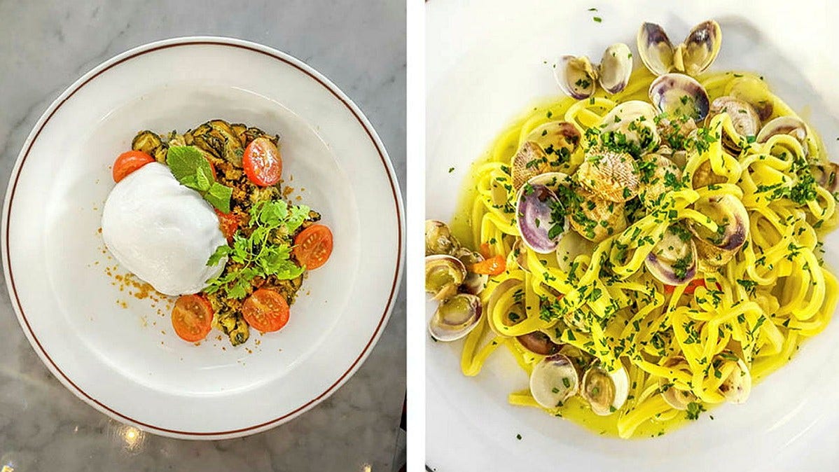 Buffelmozzarella med bottarga och pasta med vongole.