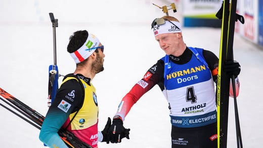 Martin Fourcade och Johannes Thingnes Bø under den förstnämndes sista VM, 2020.