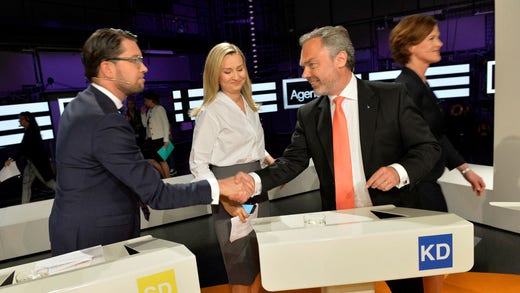 Sverigedemokraternas partiledare Jimmie Åkesson, Kristdemokraternas partiledare Ebba Busch, Liberalernas partiledare Jan Björklund och Moderatledaren Anna Kinberg Batra inför Agendas partiledardebatt 2016.