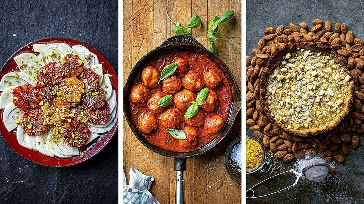 Njut av citronpaj, sicilianska brödbullar i tomatsås och en sallad med fänkål och apelsin.
