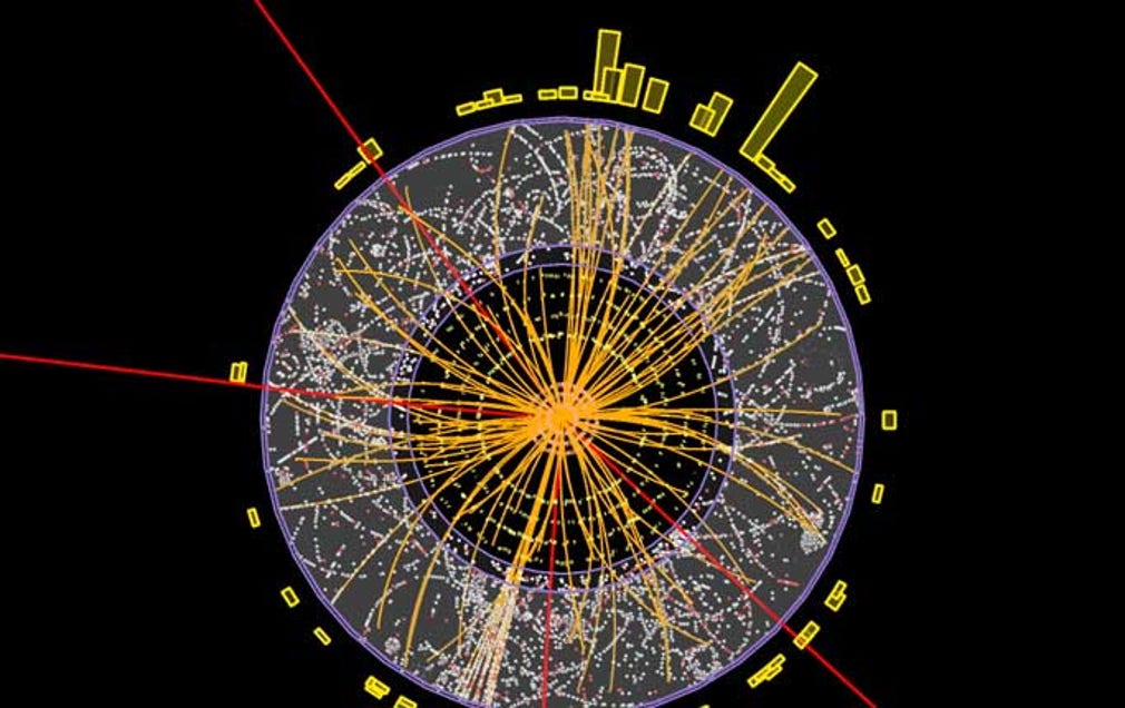 Kan detta vara spår av Higgs? Higgspartikeln själv överlever aldrig så länge att den hinner fångas på bild. Den sönderfaller i fyra så kallade myoner. Då ser det ut precis så här, med fyra raka röda streck. Men det behövs fler likadana bilder för att fysiker på Cern ska våga dra mer säkra slutsatser.