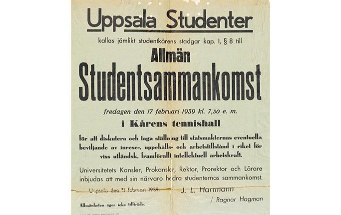 Kallelse till den sammankomst som blivit känd som Bollhusmötet, 17 februari 1939.