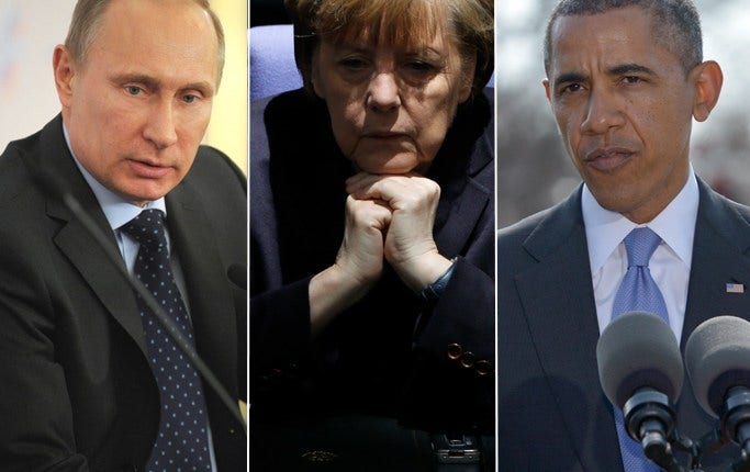 Rysslands Vladimir Putin, Tysklands Angela Merkel och och USA:s Barack Obama.