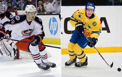 Tim Erixon, som tillhör Columbus Blue Jackets, plockas in till VM. Niclas Burström, till höger, lämnar.