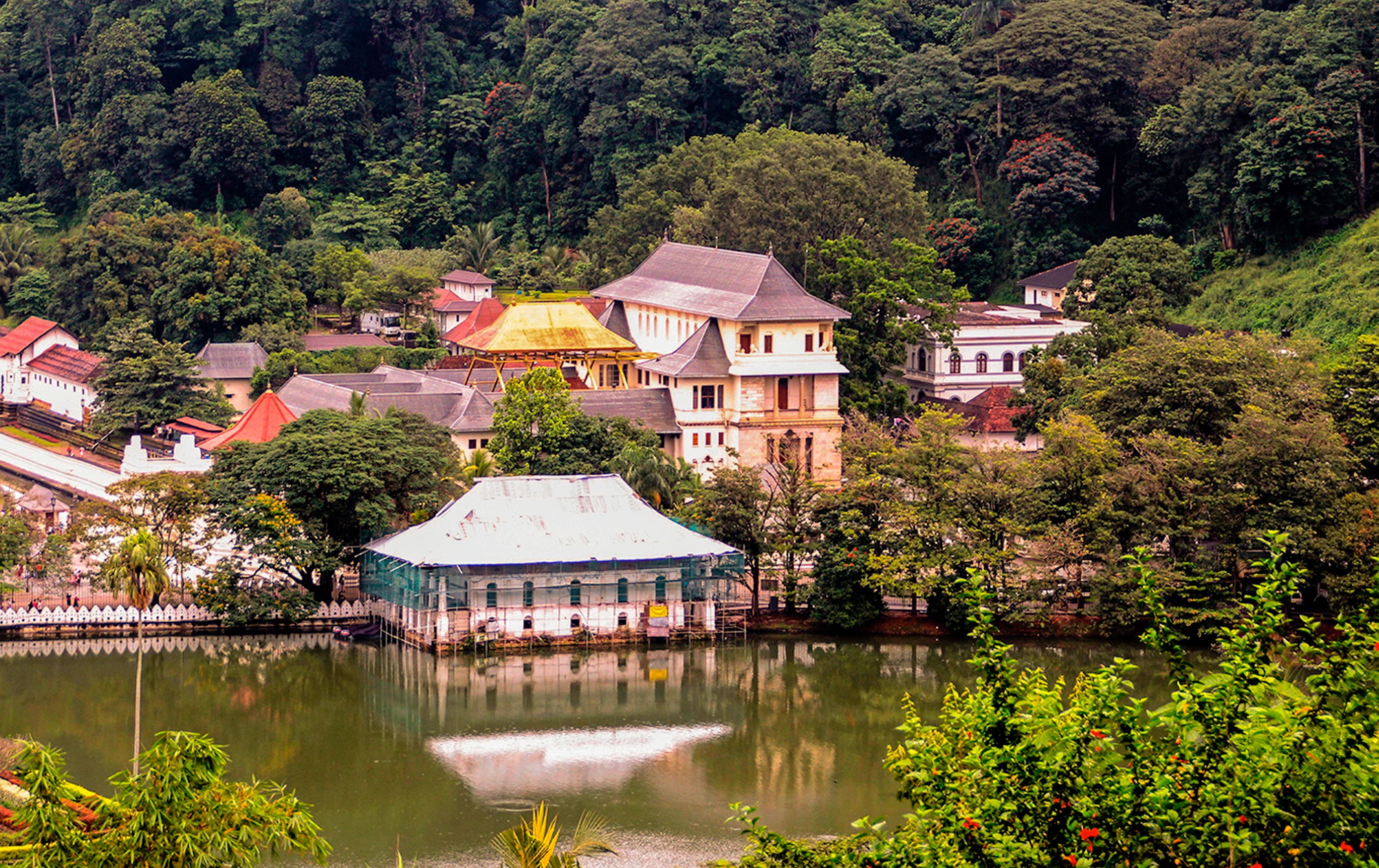 Utsikt över staden Kandy, som är Sri Lankas kulturella centrum. Under det gyllene taket på Tandtemplet ska reliken av Buddha ligga.