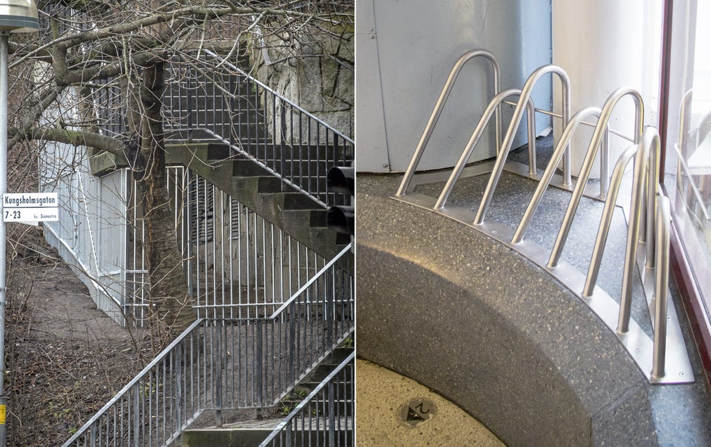 Exkluderande design: Staket under trappa till Stadsarkivet, Kungsholmen. Böjda rör vid tidigare sittplats, Stockholms centralstation.