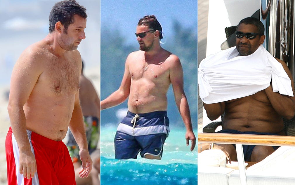 Tre exempel på ”Dad bod” (pappakropp): Adam Sandler, Leonardo DiCaprio och Denzel Washington.