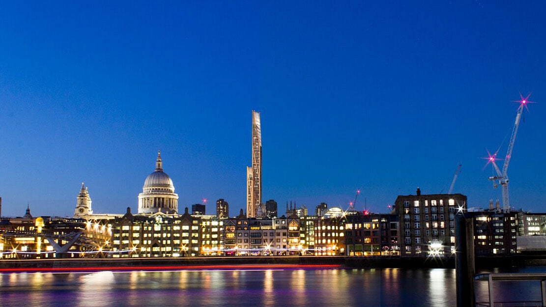 Det tänkta trätornet placerat i Londons befintliga stadsbild.