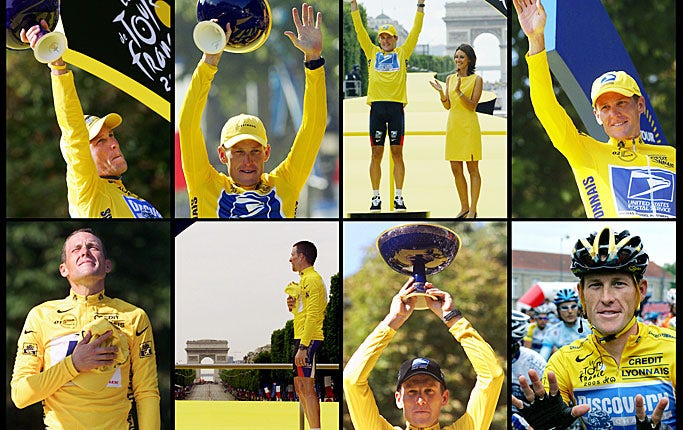 Lance Armstrong firar Tour de France-segern 2005, 2004, 2003, 2002, 2001, 2000 och 1999. Sista bilden är från loppet 2005.