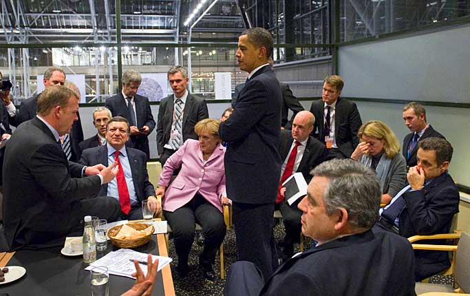 Obama och andra stats-och regeringschefer på klimatmötet i Köpenhamn.