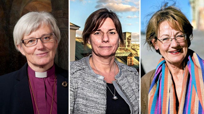 Ärkebiskop Antje Jackelén, Miljöpartiets Isabella Lövin och Feministiskt initiativs Gudrun Schyman.