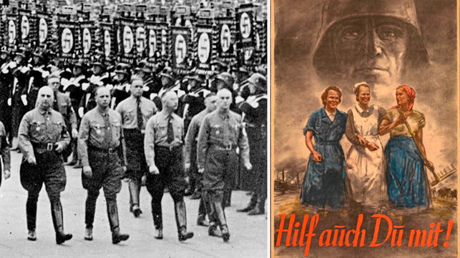 Till vänster en arkivbild från 1938 på Heinrich Himmler, Dr. Wilhelm Frick och andra ledande nazister vid en marsch i München. Till höger tysk propaganda om kvinnornas roll, 1941.