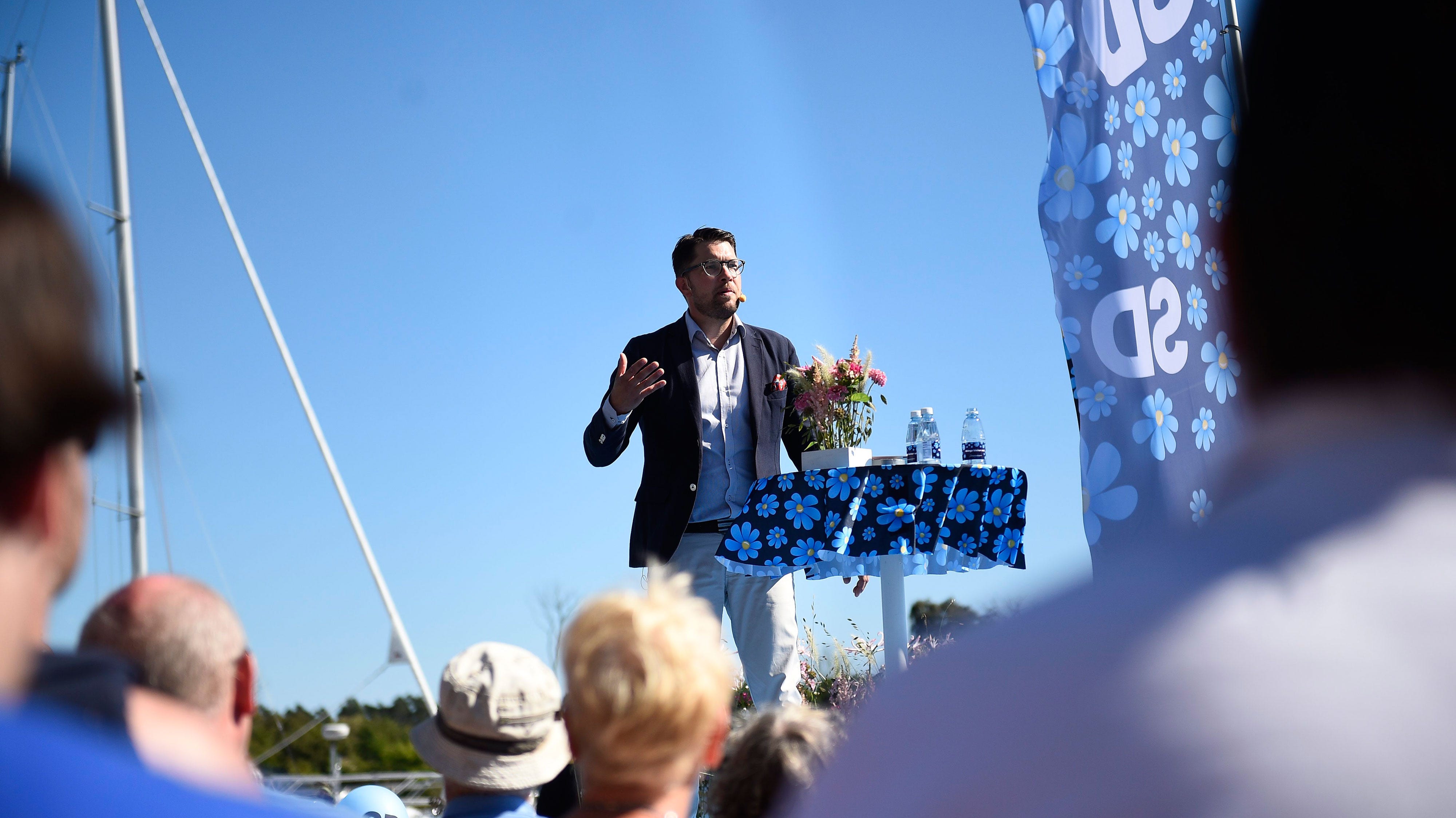 Sverigedemokraternas partiledare Jimmie Åkesson sommartalade i hemstaden Sölvesborg på lördagen.