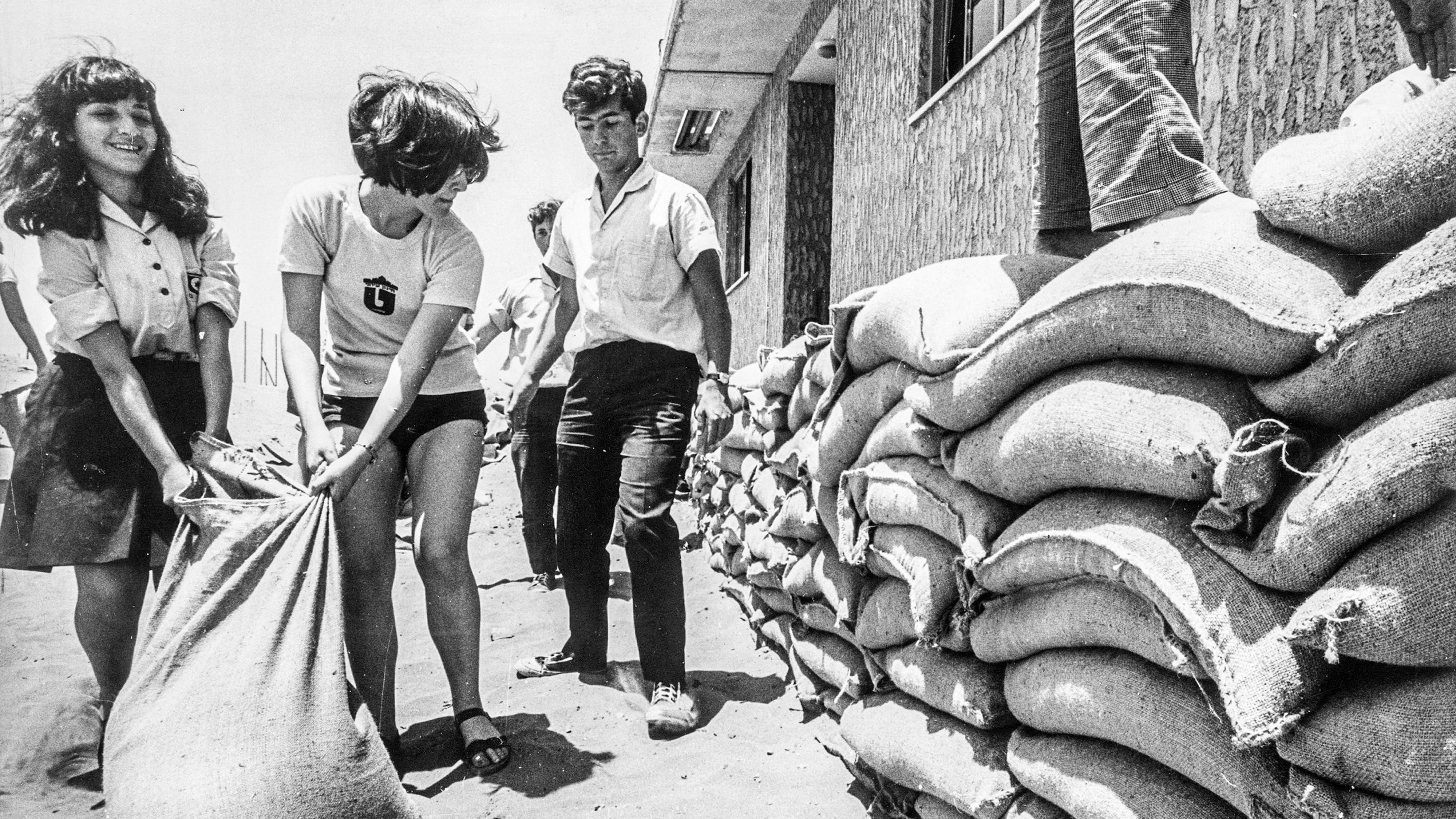 29 maj 1967. Skolbarn i Tel Aviv bygger skyddsvallar som en förberedelse för kriget.