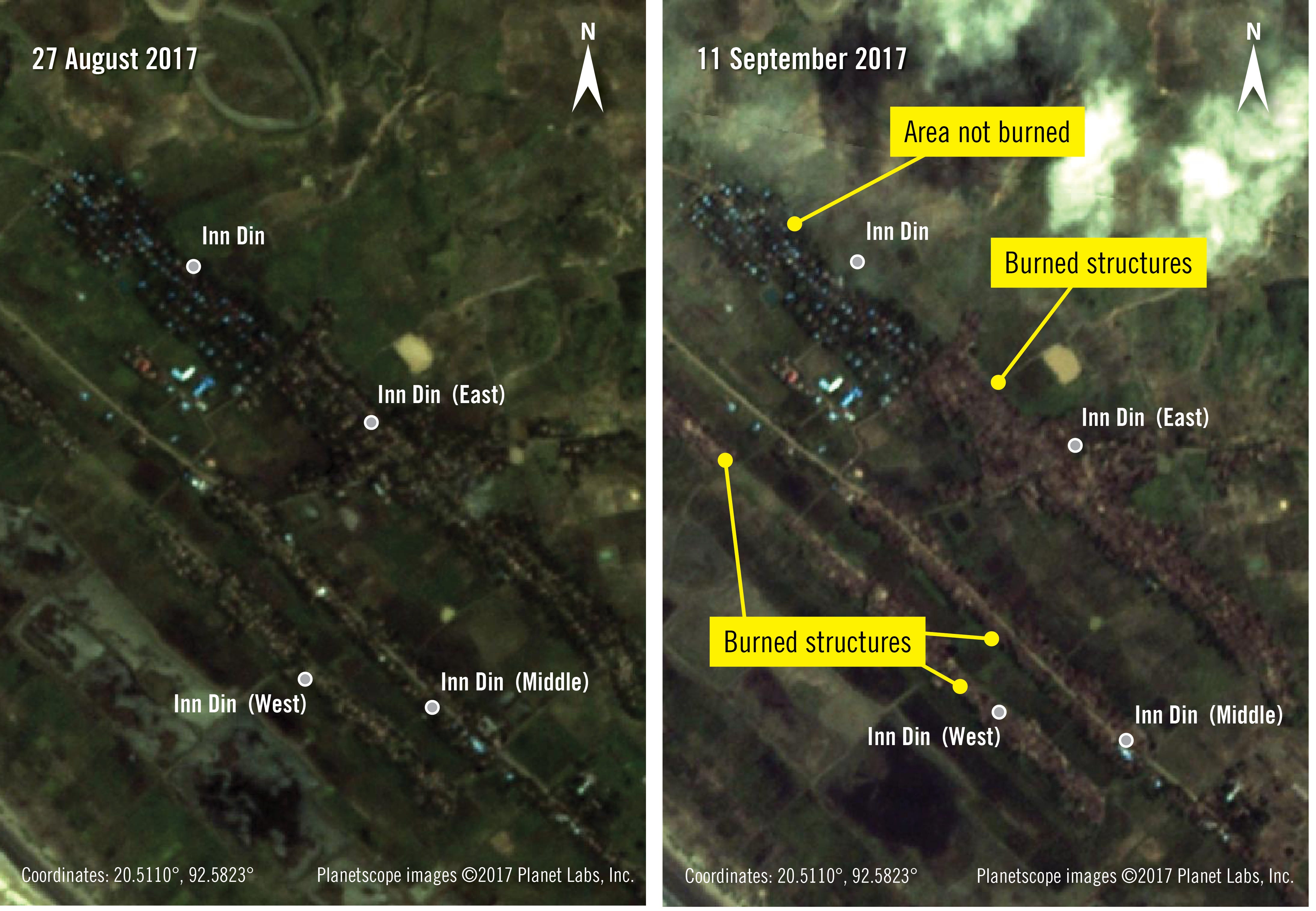 Satellitbilderna visar hur byggnader i vissa delar av den burmesiska byn Inn Din i västra Burma eldhärjats.