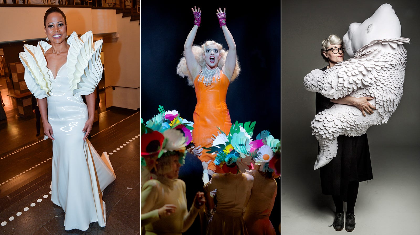 Tre kreationer av Bea Szenfeld: Alice Bah Kuhnkes Nobelklänning, Frida Engström som Daisi Doody i ”Aniara” samt en papperskreation till Eurovisionfinalen 2016.