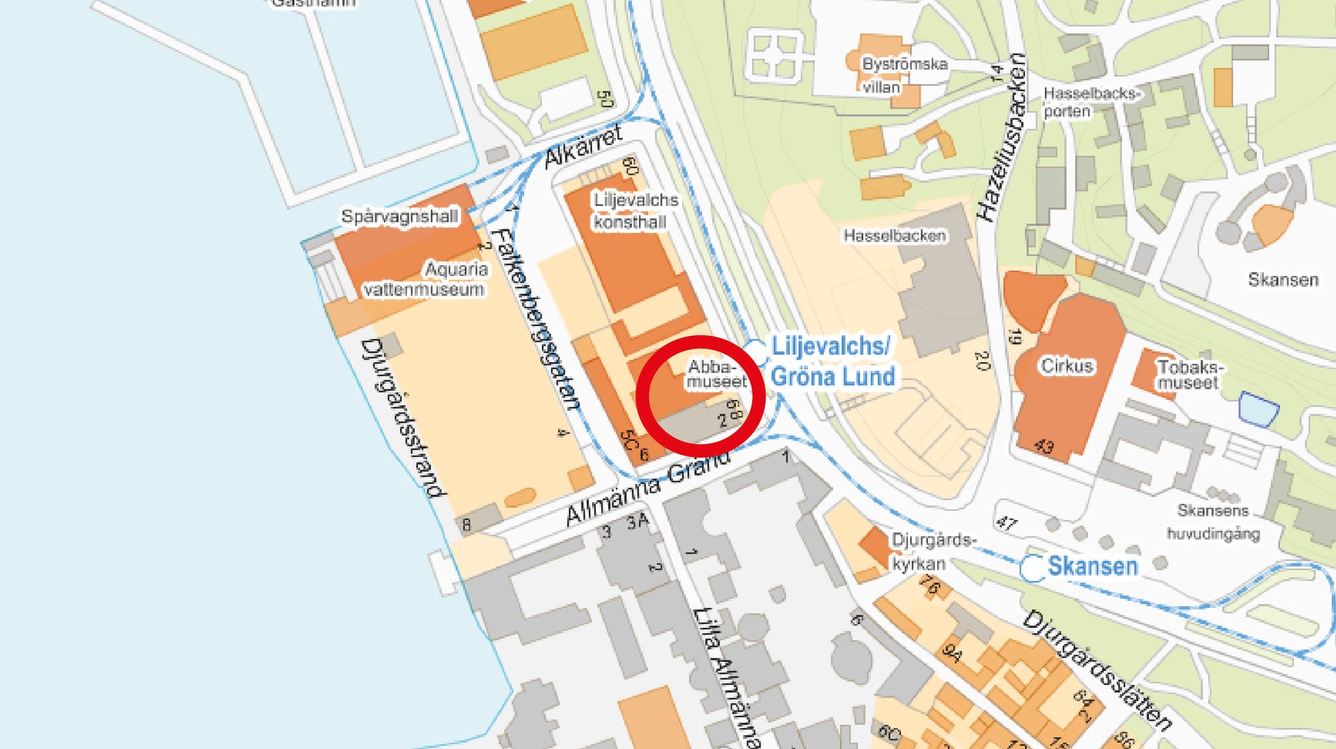 Här, mitt emot Gröna lund, vill man bygga om husen för att få plats med mer Abba-museum.