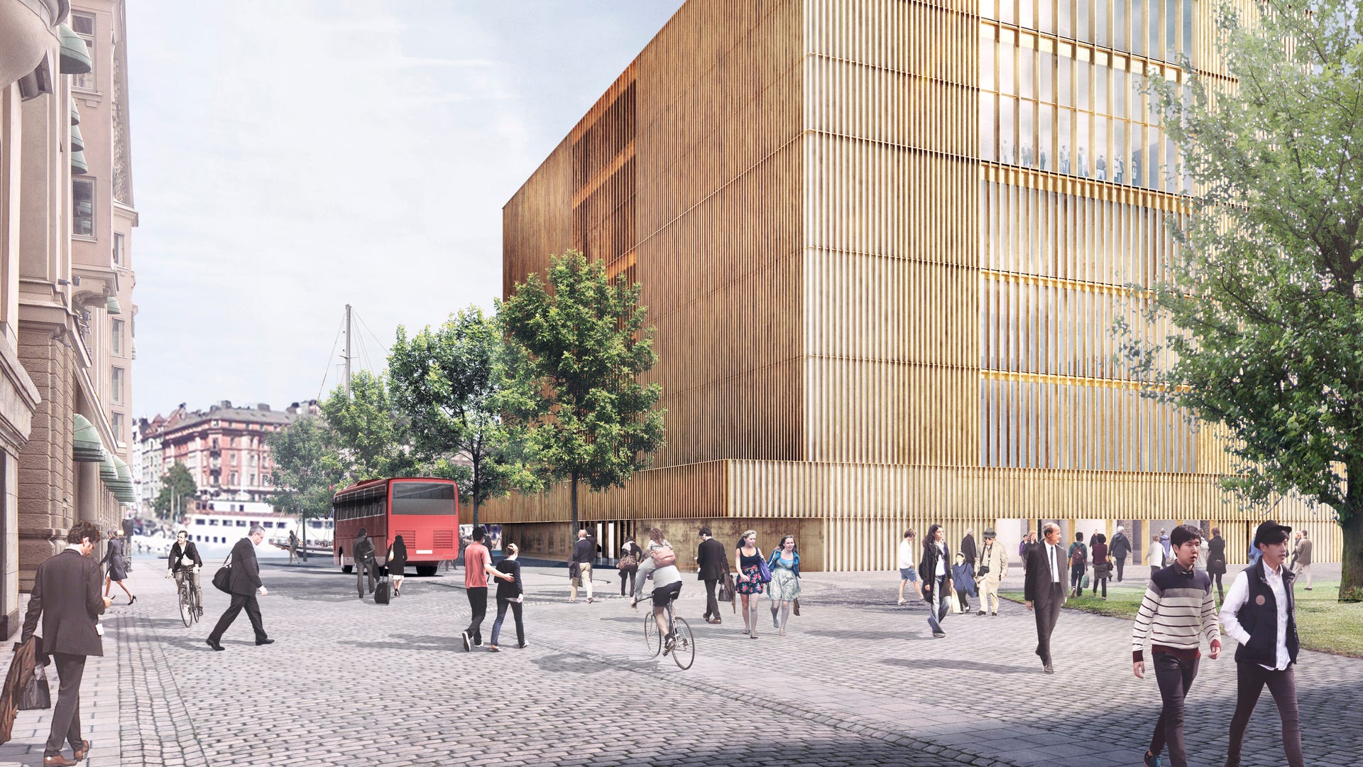 Planen är att folkbildningsdagen skall äga rum år efter år på olika platser runt om i Stockholm tills Nobel Center står färdigt. Bilden visar en datorgenererad vy av Nobelcenter på Blasieholmen i Stockholm, som förslaget såg ut i juni 2016. Vyn är från Hovslagargatan.